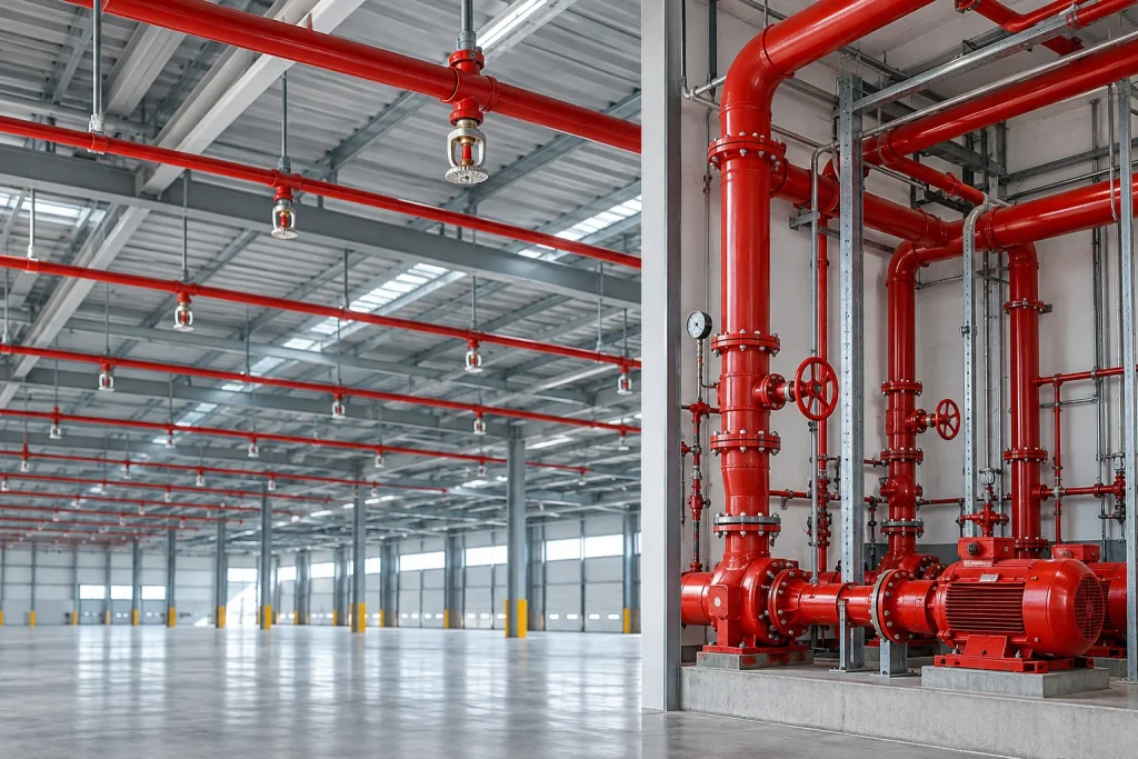 Hệ thống ống và đầu phun chữa cháy sprinkler trong nhà kho